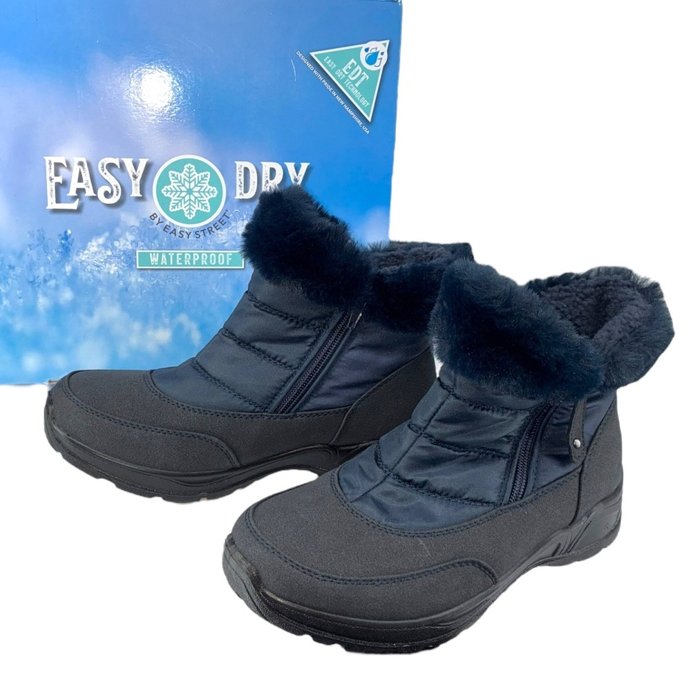 Easy Street Frosty Easy Dry Waterproof Faux Fur‎ Winter Ankle Boots Navy 6M NIB